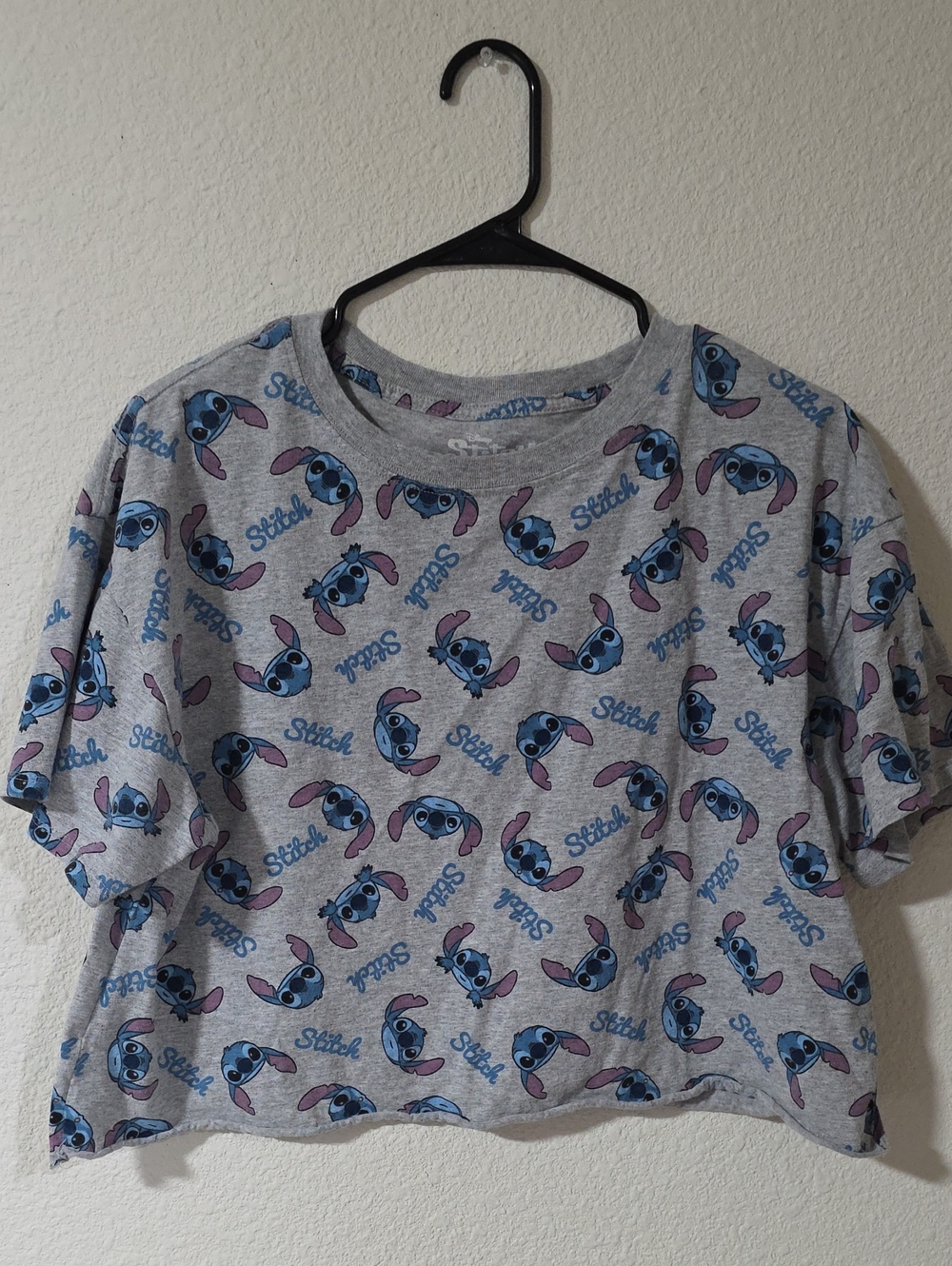 Disney Grey Crop Top with Blue & Pink Stitch Print